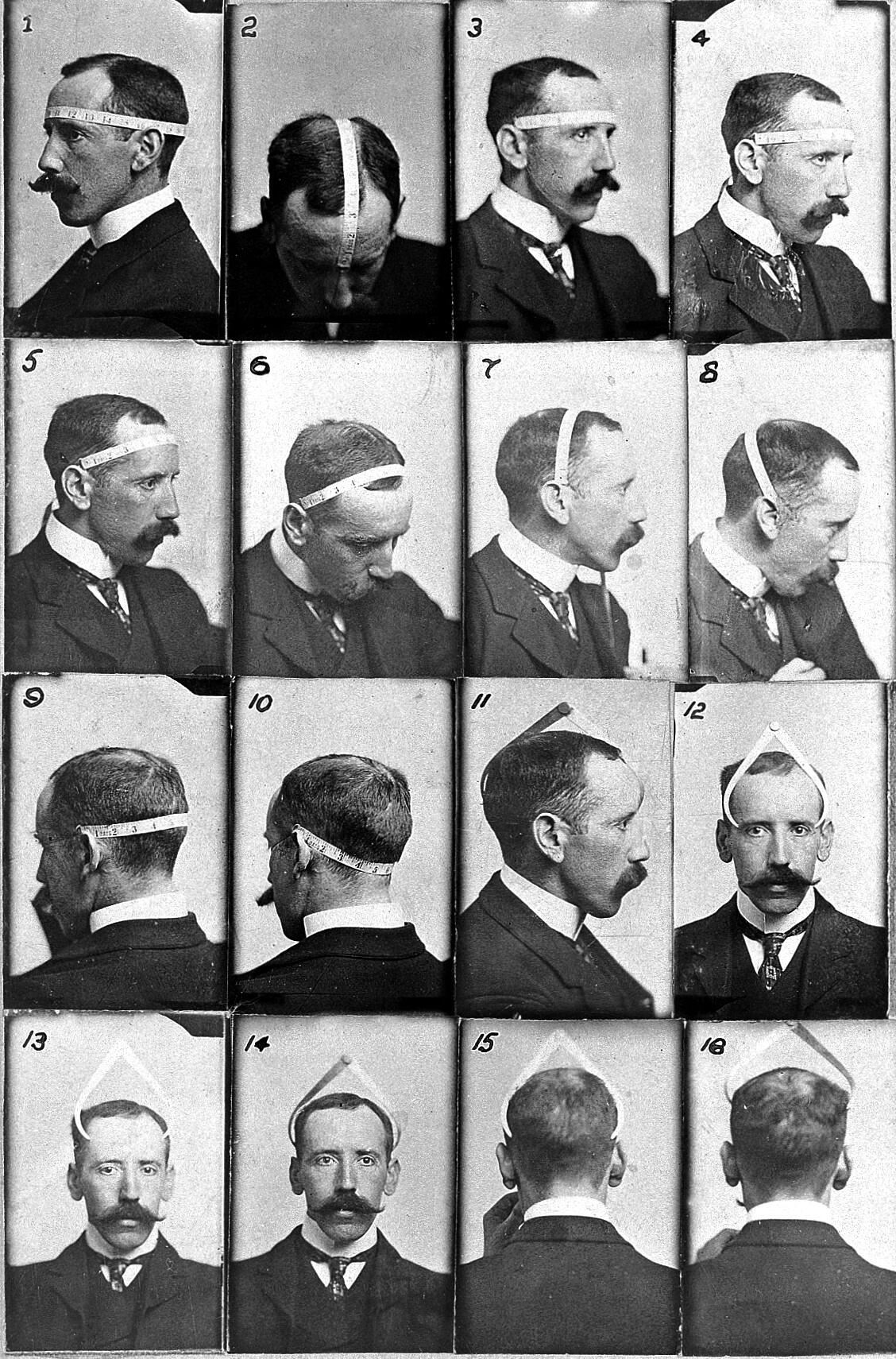 Grid of 16 small b/w portraits of Bernard Hollander demonstrating his system of cranial measurements.